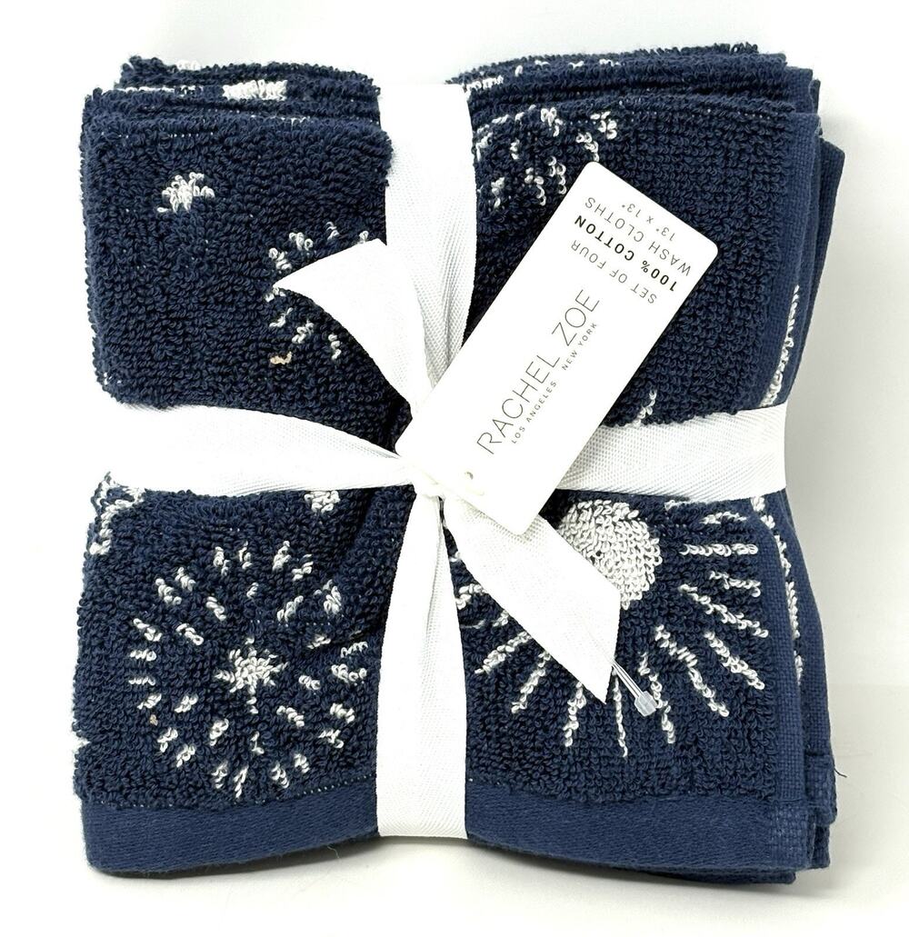 Rachel Zoe Celestial Sun Moon Stars Wash Cloths Blue Wht Plush 4 Face Cloths NWT